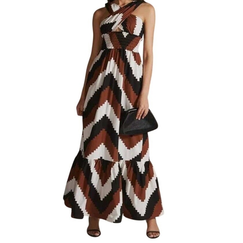 Tracy‎ Reese Plenty Anthropology Black Brown and White Halter Maxi Sundress XS